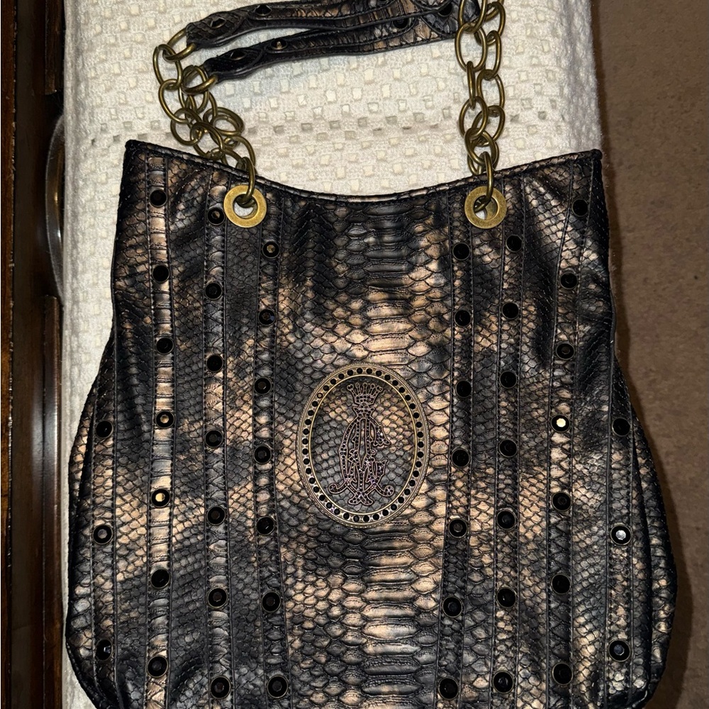 Christian Audigier Vintage Large Black & Gold Snake Print Shoulder Bag.